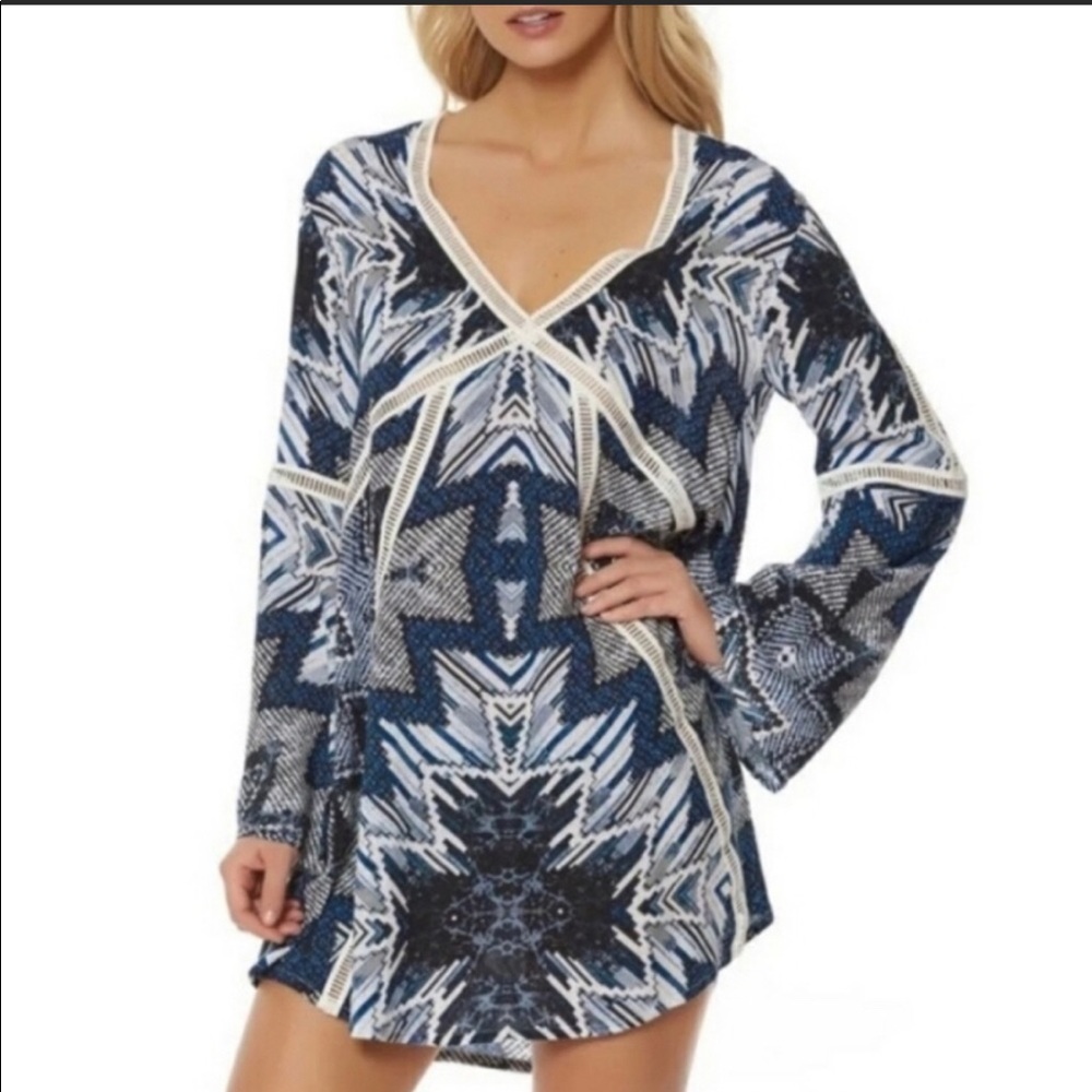 Red Carter Blue Swim Coverup with Bold Pattern